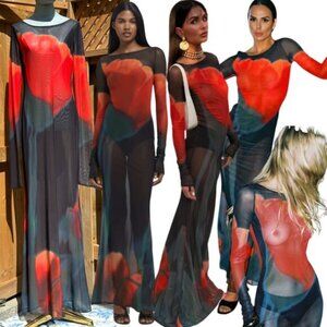 🆕 RAT & BOA 🧿 NWOT Juniper Sheer Long Sleeve Dress, Dark Red Tulip, Sz XL